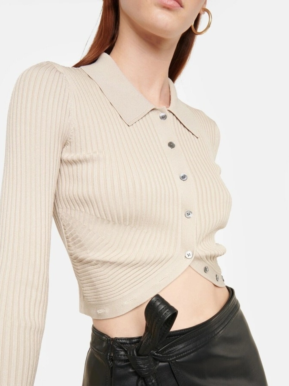 Simkhai Ribbed Collared Button-Front Beige Crop Sweater, Small - Picture 4 of 16